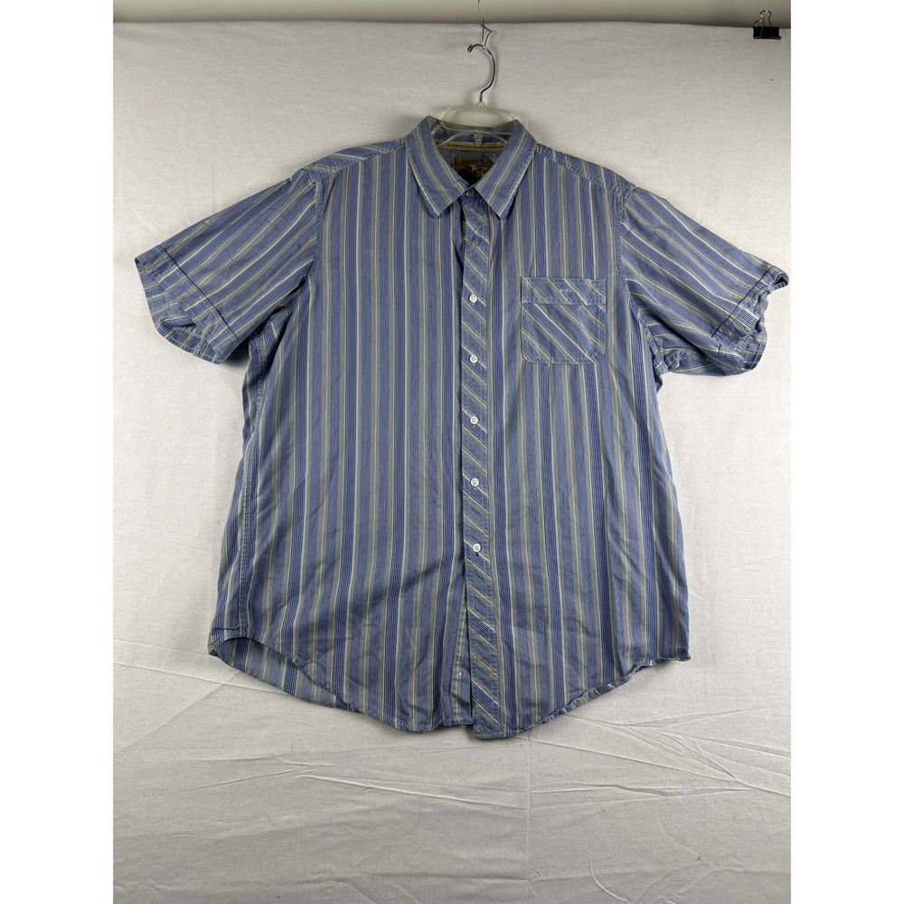 Cremieux Premium Denim Mens XL Blue Tan Striped Short Sleeve Button Down Shirt